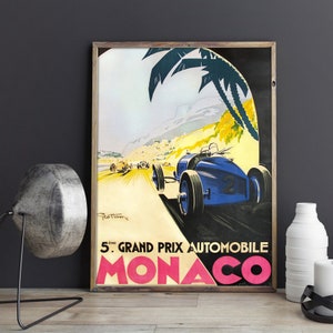 VINTAGE RACING POSTER Art Print: Monaco Car Race Vintage Art Poster Print or Canvas Print