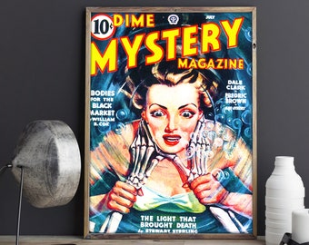 Vintage Mystery Magazine Poster – Skeleton Hands Horror Art Print