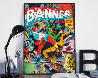 VINTAGE SUPERHERO POSTER Banner Comics Vintage Art print - Vintage Superhero Art