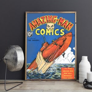 VINTAGE SUPERHERO POSTER Amazing Man Comic Book Superhero Vintage Art print - Vintage Superhero Comic Book Poster Art