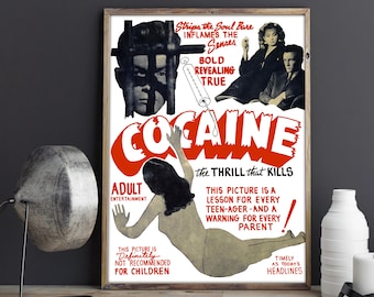 CARTEL ANTIGUO DE DROGAS, propaganda de la prohibición: locura por la cocaína, anuncio de drogas vintage de los años 50, impresión artística sobre marihuana