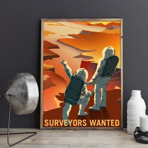VINTAGE MARS POSTER - Vintage Recruitment Poster Surveyors Wanted on Mars Astronaut Space Nasa Print Scifi Travel Poster, Space Poster