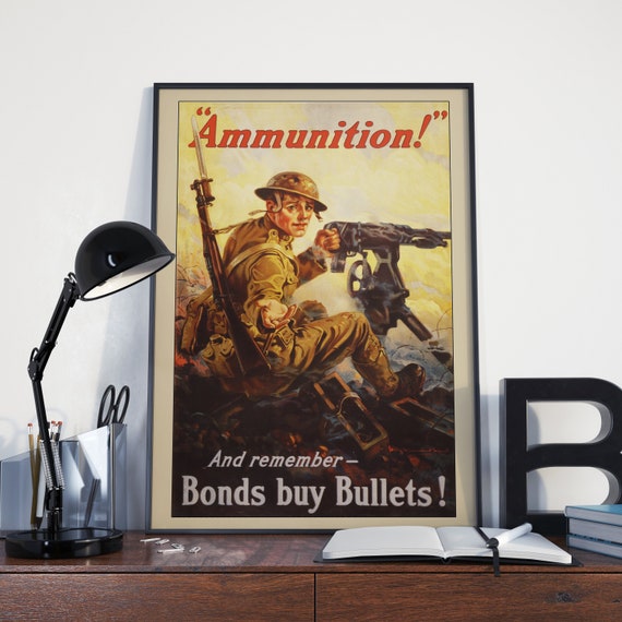 World War 2 Propaganda Poster, Vintage WW2 Propaganda: Bonds buy Bullets Invest in Invasion!