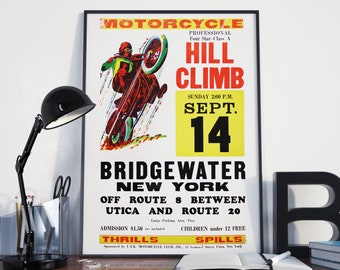 CARTEL DE MOTOCICLETA VINTAGE - Arte mural de carreras o ascensos en montaña en moto. Póster o impresión en lienzo