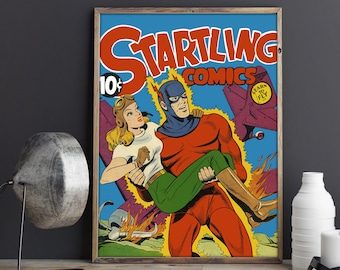 VINTAGE SUPERHERO POSTER Startling Comics Comic Book Superhero Vintage Art print - Vintage WW2 Superhero Comic Book Poster Art