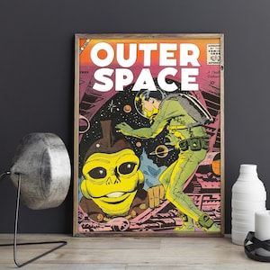 VINTAGE SCIENCE FICTION Poster - Vintage Scifi Art Print. Giant alien looks through window of futuristic spaceship