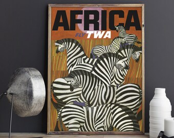 Vintage Africa Travel Poster - 70's African Travel Ad, Zebra Art Print - Travel to Africa Poster or Canvas Print