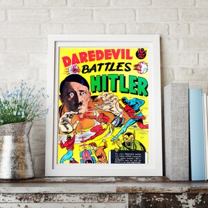 May include: A vintage comic book cover featuring Daredevil battling Hitler. The cover is yellow with red, green, and black text. The image shows Daredevil fighting Hitler and other Nazi soldiers.
