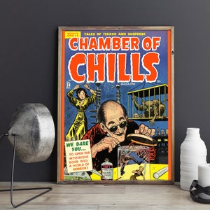May include: A vintage comic book cover featuring a man in a lab coat and glasses, holding a jar with a creature inside. The cover is titled "Chamber of Chills" and features the text "Tales of Terror and Suspense".