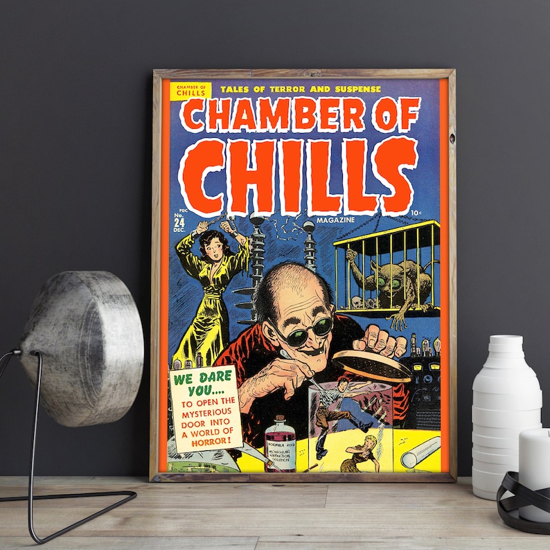 May include: A vintage comic book cover featuring a man in a lab coat and glasses, holding a jar with a creature inside. The cover is titled "Chamber of Chills" and features the text "Tales of Terror and Suspense".