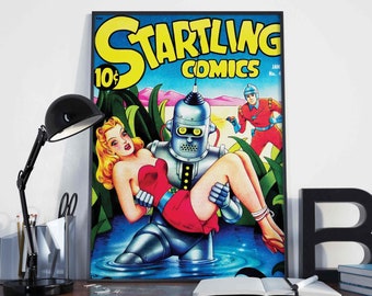 May include: A vintage comic book cover featuring a robot carrying a woman in a red dress. The comic book is titled "Startling Comics" and is dated January, No. 4. The cover art is in a retro style with bright colors and bold lines.