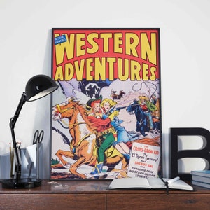 Vintage Western Poster - Western Adventures Wild West Cowboy Poster, Western Art Poster or Canvas Print