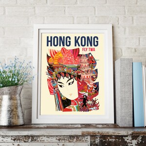 May include: Vintage travel poster advertising a trip to Hong Kong with the text "Hong Kong Fly TWA". The poster features a colorful illustration of a woman in traditional Chinese clothing with a pagoda and other buildings in the background.