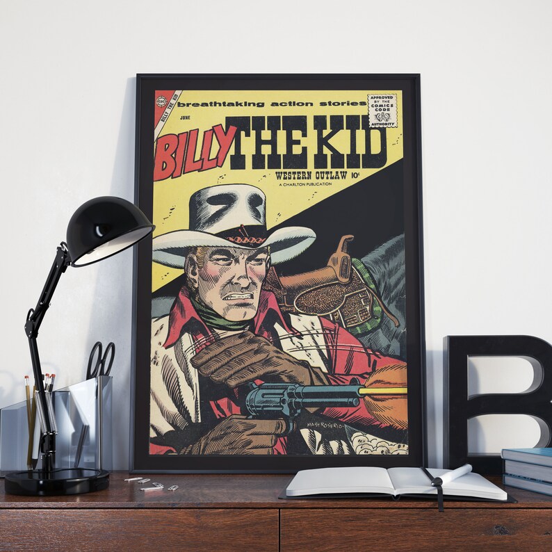 May include: A vintage comic book cover featuring a black and white illustration of Billy the Kid, a Western outlaw, holding a gun. The cover is red, yellow, and black with the title "Billy the Kid" in large, bold letters. The text "Western Outlaw 10&cent;" is also visible on the cover.