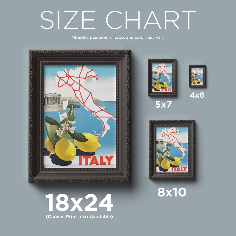 May include: A size chart for a vintage-style poster of Italy with lemons and a map of the country. The poster is available in 4x6, 5x7, 8x10, and 18x24 inch sizes.