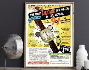 Afdrukken VINTAGE HORLOGE-ADVERTENTIES - polshorlogeadvertentie Vintage poster- of canvasafdruk, vintage horlogereclame