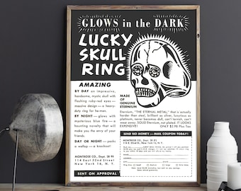 VINTAGE ADVERTISEMENT POSTER - "Lucky Skull Ring" Vintage Ad Artwork / Retro Decor Poster or Canvas Print