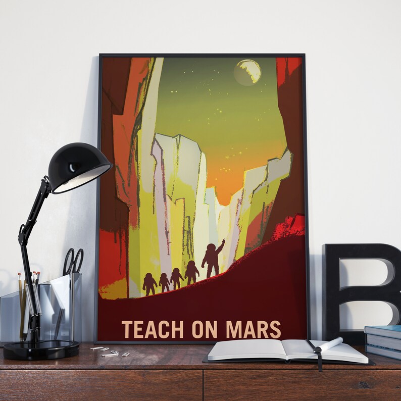 VINTAGE MARS POSTER Space Travel Teach on Mars Vintage Recruitment Poster WW2 Style Nasa Print Scifi Travel Poster, Space Poster image 1