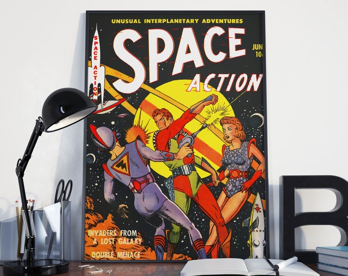 VINTAGE SCIENCE FICTION Space Action Sci-fi Print: Vintage Outer Space Science Fiction Poster or Canvas Print