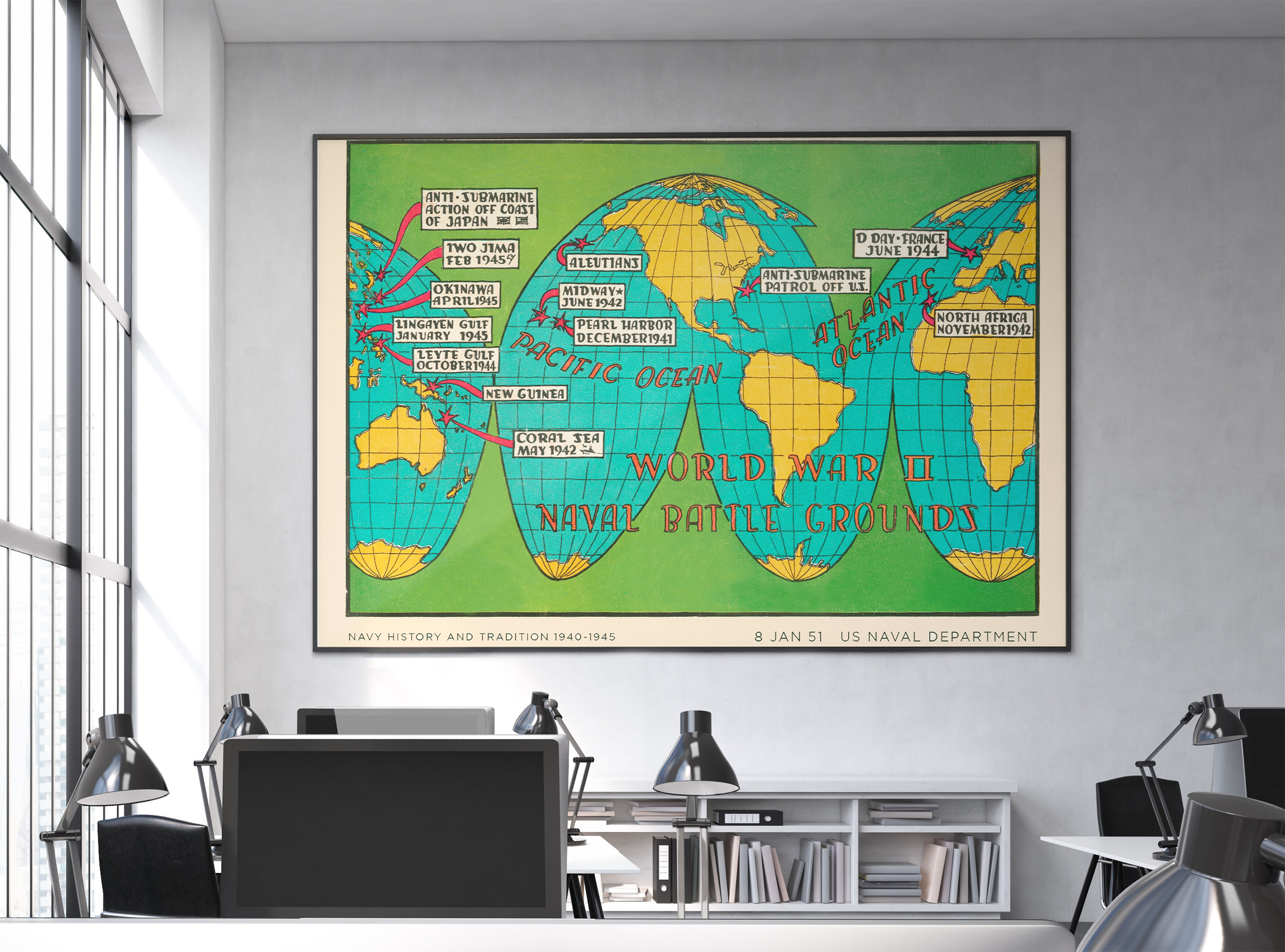 World War 2 Naval Battle Map Poster - Navy WW2 Art Print WW2 Map ...
