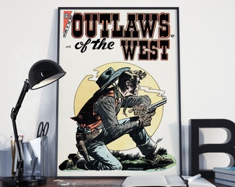 May include: A vintage comic book cover featuring a cowboy with a gun in a dramatic pose. The cover is titled "Outlaws of the West" with the number 12 in the corner. The background is a yellow sun with smoke.