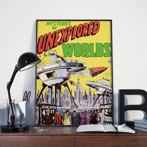 Vintage Sci-Fi Poster - Unexplored Worlds, Retro Space Art Print - Pulp Fiction