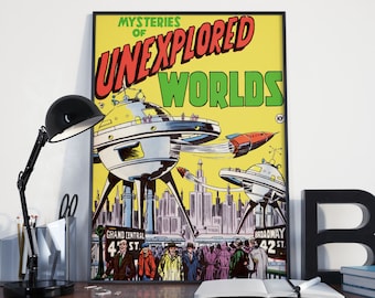 Vintage Sci-Fi Poster - Unerforschte Welten, Retro Weltraum Kunstdruck - Pulp Fiction