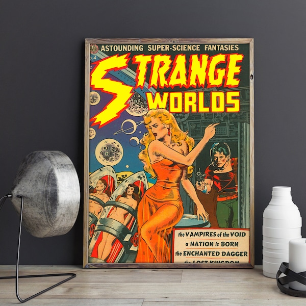 Vintage Sci-fi Poster - Aliens and Pin up Art Print. Strange Worlds Vintage Science Fiction Retro Comic Book Wall Art Quality Reproduction