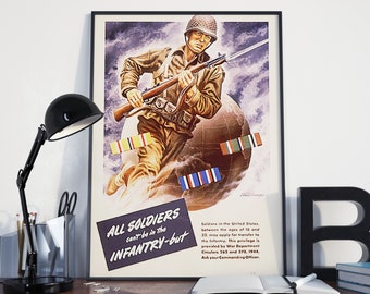 VINTAGE WW2 POSTER, World War 2 Infantry Propaganda Poster, World War 2 Poster Print or Canvas Print