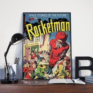 VINTAGE SCIENCE FICTION Poster - Rocketman, Retro Space Art Print, Vintage Scifi, Superhero Art Poster or Canvas Print