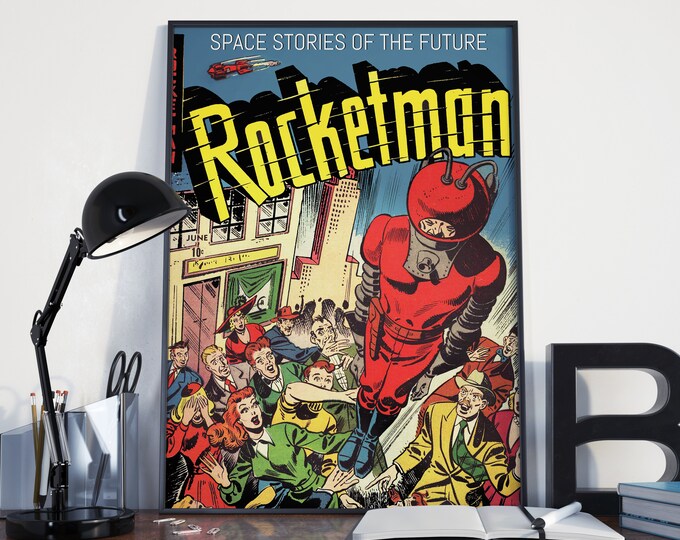 VINTAGE SCIENCE FICTION Poster - Rocketman, Retro Space Art Print, Vintage Scifi, Superhero Art Poster or Canvas Print