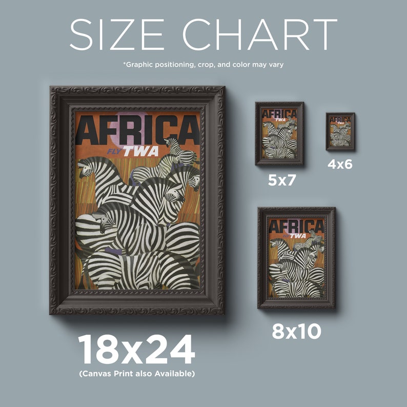 Op de afbeelding: Een maattabel voor een vintage reisposter met een groep zebra's met de tekst "AFRICA FLY TWA". De poster is verkrijgbaar in vier maten: 4x6 inch, 5x7 inch, 8x10 inch en 18x24 inch.