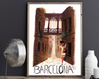 Vintage Barcelona Travel Poster - Barcelona Spain Art Print / Canvas Print