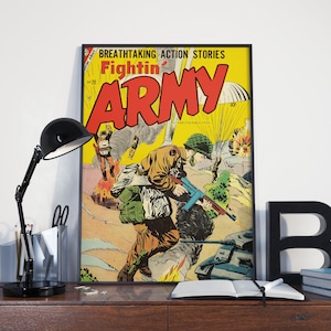 VINTAGE MILITARY POSTER -Fightin Army Vintage World War 2 Army Military Comic Poster or Canvas Print