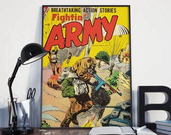 VINTAGE MILITARY POSTER -Fightin Army Vintage World War 2 Army Military Comic Poster or Canvas Print