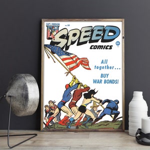 Vintage World War 2 Poster, Superhero Comic Poster or Canvas Print