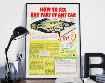 VINTAGE CAR ADVERTISEMENT - Mechanic Ad, Fix Any Car Part Poster or Canvas Print