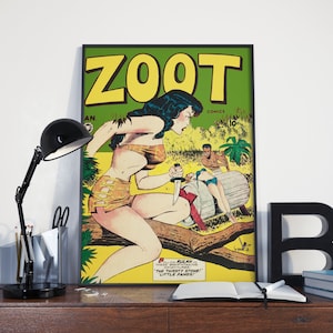 Vintage Comic Book Poster, Jungle / Superhero Wall Art - Zoot Comics Vintage Pin-up Girl Poster or Canvas Print