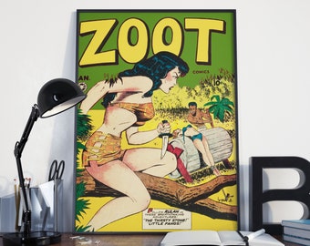 Vintage Comic Book Poster, Jungle / Superhero Wall Art - Zoot Comics Vintage Pin-up Girl Poster or Canvas Print