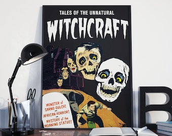 VINTAGE WITCHCRAFT POSTER - Vintage Witchcraft Science Fiction Comic Illustration. Poster or Canvas Print