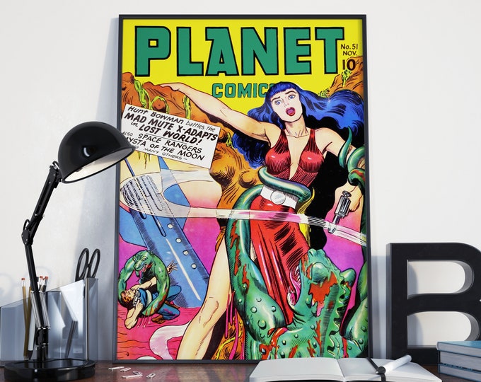 affiche de science-fiction vintage.  Plant Comics, Space Adventure, Lost Worlds vintage Scifi / Outer Space Poster ou Canvas Print