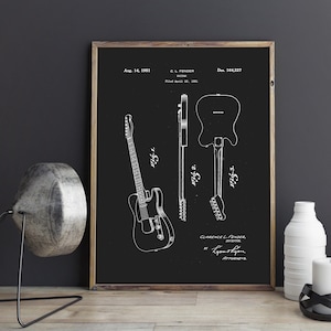 GUITAR ILLUSTRATION - Vintage guitar patent drawing, guitar line art, musician decor, gifts for him