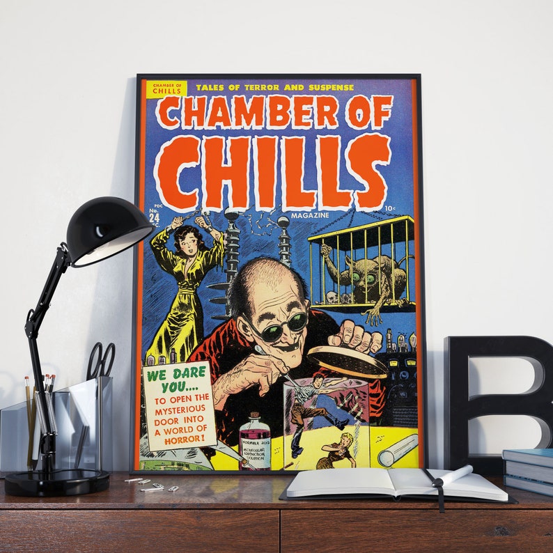 May include: A vintage comic book cover featuring a man in a lab coat and goggles, holding a glass container with a small figure inside. The cover is titled "Chamber of Chills" and features the text "Tales of Terror and Suspense".
