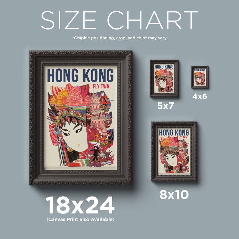 May include: A size chart for a vintage travel poster featuring a colorful illustration of Hong Kong with the text "Hong Kong Fly TWA". The poster is available in four sizes: 4x6 inches, 5x7 inches, 8x10 inches, and 18x24 inches.