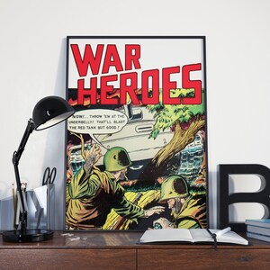 VINTAGE ARMY POSTER - War Heroes Vintage Korean War Army Military WW2 Pacific Campaign Comic Poster or Canvas Print