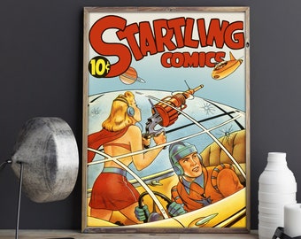 May include: A vintage comic book cover featuring a woman in a red and white outfit holding a futuristic weapon and a man in a spacesuit driving a spaceship. The cover is titled "Startling Comics" and features the price "10¢".