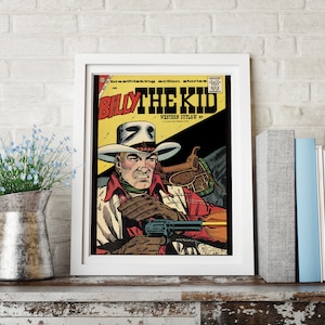 May include: A vintage comic book cover featuring a drawing of Billy the Kid, a Western outlaw, holding a gun. The cover is yellow, red, and black with the title "Billy the Kid" in bold black letters.