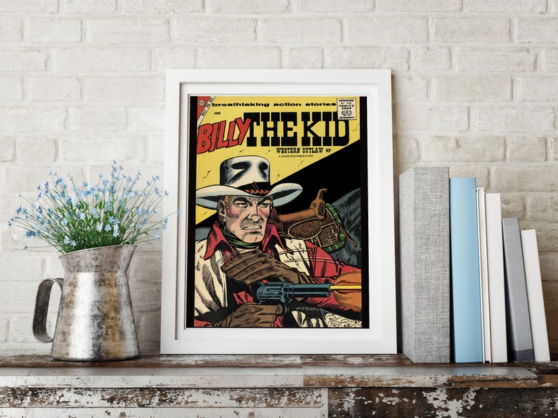 May include: A vintage comic book cover featuring a drawing of Billy the Kid, a Western outlaw, holding a gun. The cover is yellow, red, and black with the title "Billy the Kid" in bold black letters.