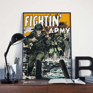 VINTAGE WW2 POSTER - Fightin&#39; Army D-Day Invasion Vintage World War 2 Army Military Comic Poster or Canvas Print