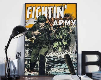 VINTAGE WW2 POSTER - Fightin&#39; Army D-Day Invasion Vintage World War 2 Army Military Comic Poster or Canvas Print